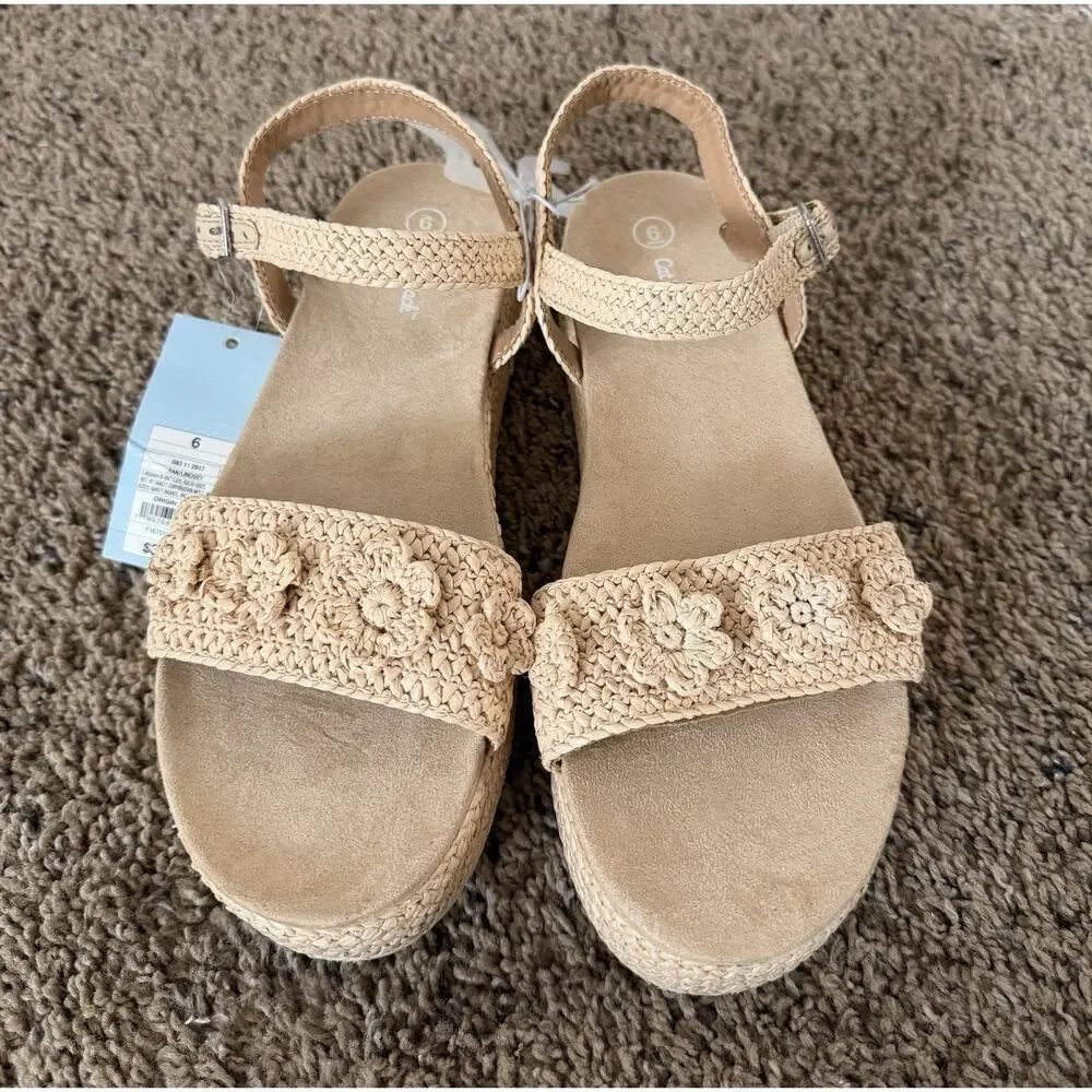 Cat & Jack Lindsey Girls Platform Espadrille Sandals Tan Floral 6 NWT